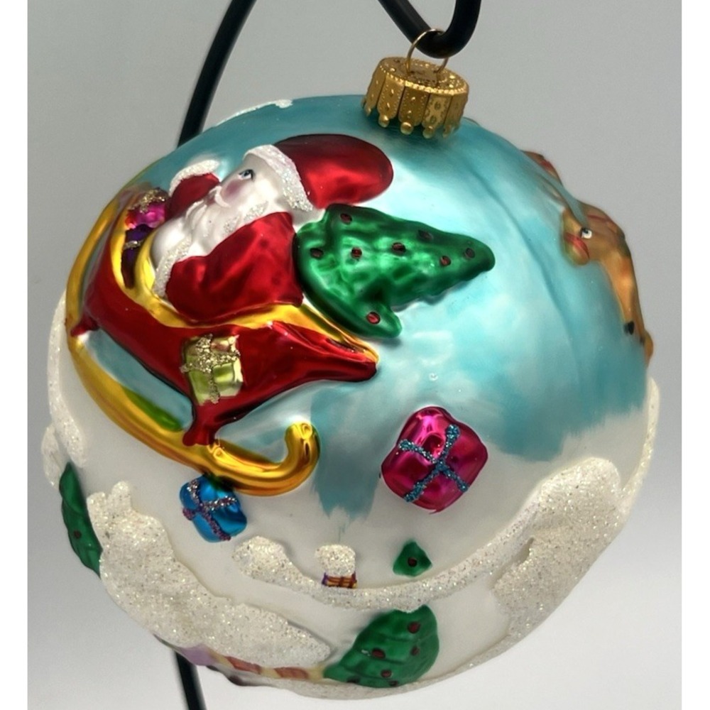 Santa Reindeer Flying Over Houses Colorful Glass Christmas Ornament 4 Inches